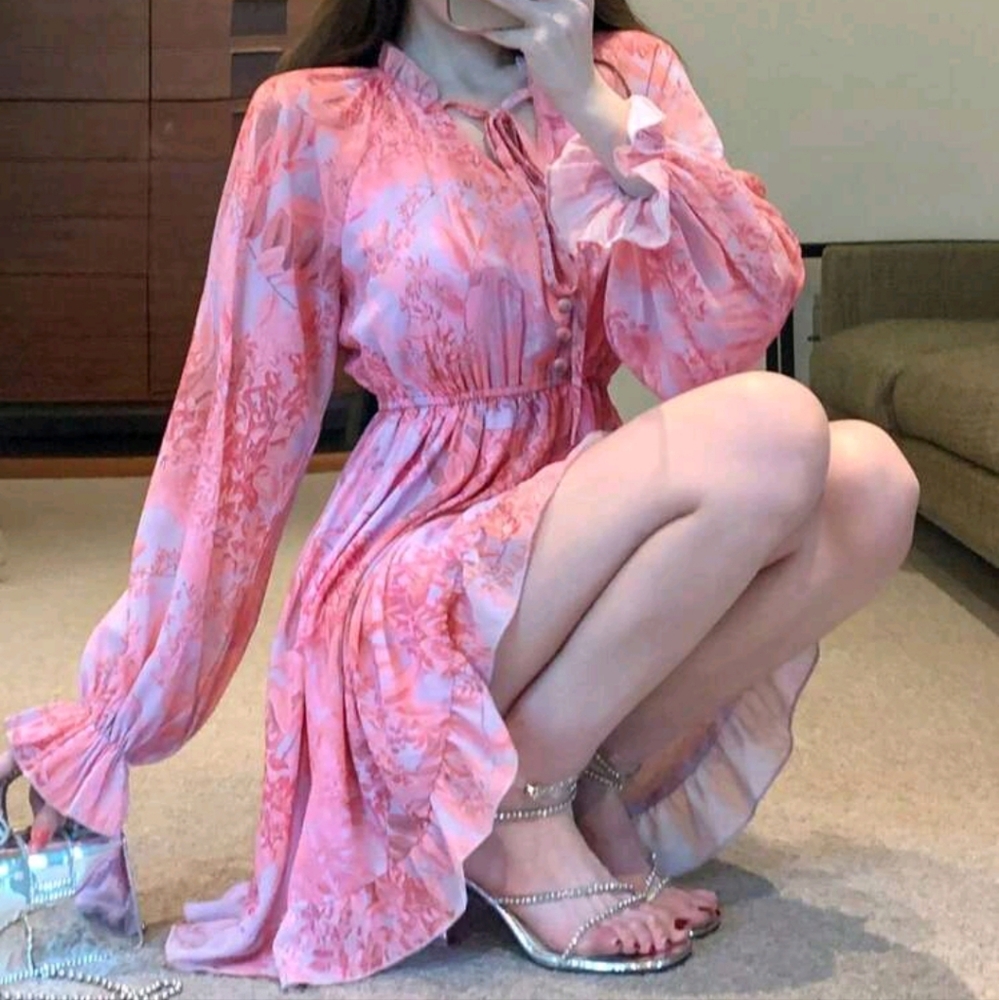 Ladies' Full Print Chiffon Long Sleeve Dress - Picture 1 of 5